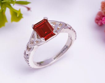 Anillo de compromiso con rubí genuino cultivado en laboratorio con talla esmeralda, anillo de promesa con piedra natal de julio, plata esterlina, anillo con piedra preciosa roja