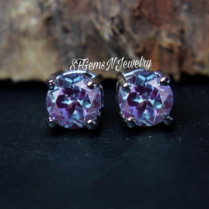 Earrings Alexandrite, Dainty Alexandrite Earrings, Round Cut Purple and Green Alexandrite Earrings, Alexandrite Stud, Alexandrite