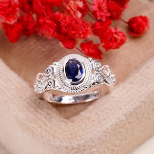 Blue Sapphire Wedding Engagement Ring Blue Gemstone Sterling Silver Ring September Birthstone