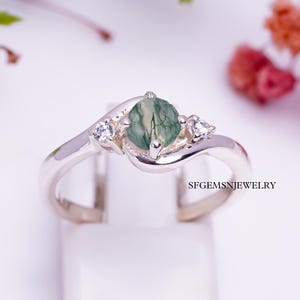 Unique Round Cut Bridal Ring Natural Moss Agate Ring Aquatic Agate Promise Ring Woman Real Green Moss Agate Engagement Ring