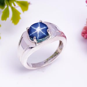 Silver 925  Blue Star Sapphire Ring for Men&#39;s Genuine Lindy Star Sapphire Ring Sterling