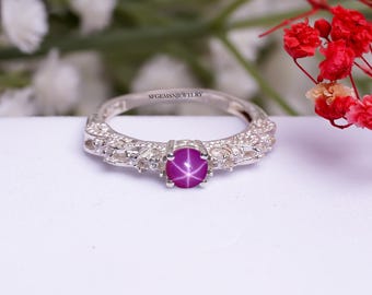Bague étoile Art Déco En Argent Sterling 925 - Rubis Rose Naturel Et Zircon - Taille 10x8mm - Neuf Avec étiquette
