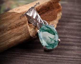 Zierliche Grüne Moos Achat Halskette Sterling Silber / 925 Silber Moos Achat Oval Anhänger für Damen