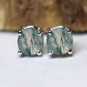 Dainty Moss Agate Earring, Stud Earring, Round Cut Moss Agate Earring, Women Earring, Moss Agate Stud, Anniversary Gift For Her