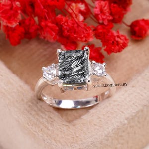 Solid Silver Black Rutilated Quartz Ring - Engagement Ring - Black Gemstone - Gothic Ring - Gift for her - Anniversary Present Gifts