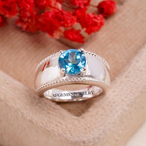 Real Sky Blue Topaz Promise Rings Solitaire Ring Round Cut Sterling Silver