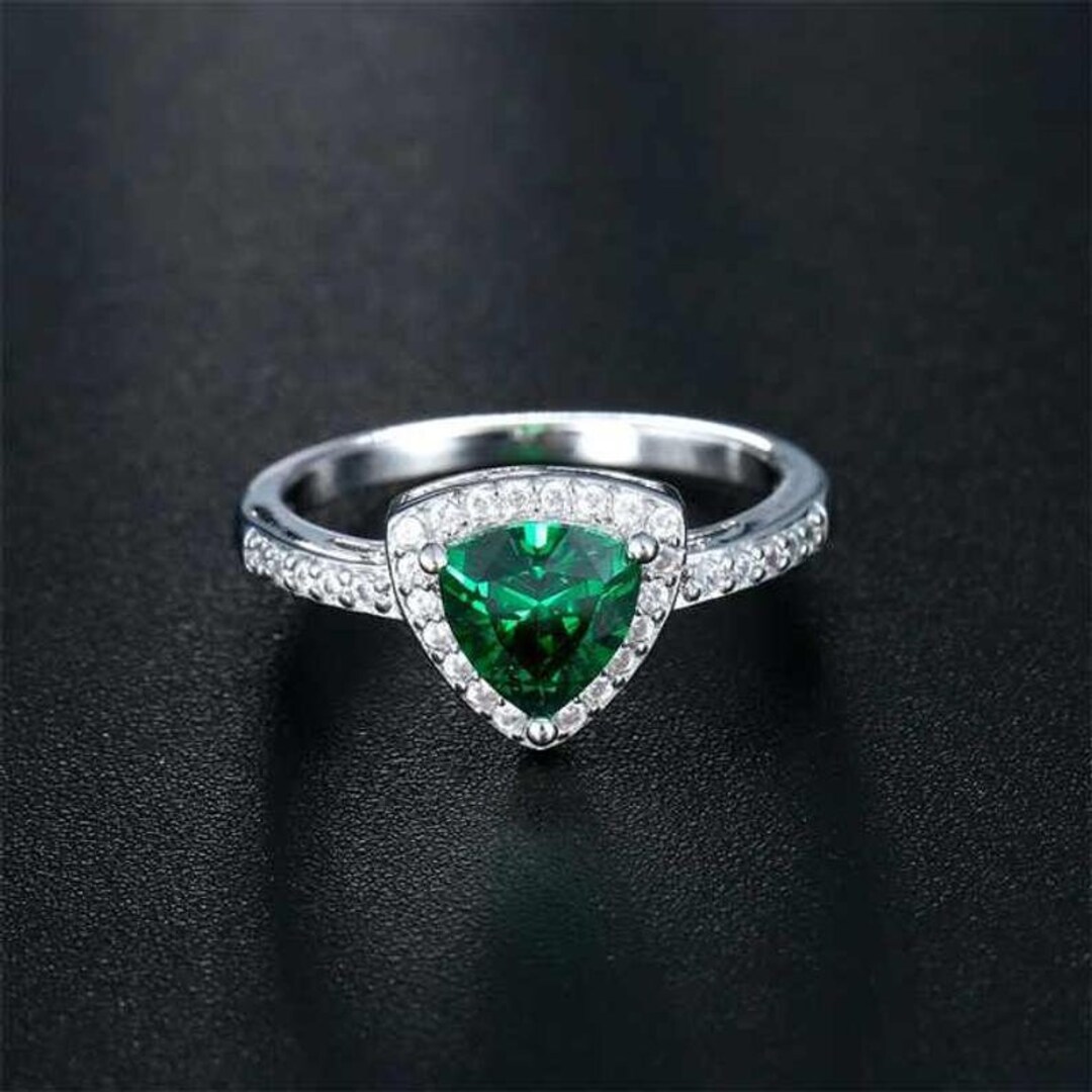 Lab Grown Emerald Ring Trillion Cut Sterling Silver Engagement Ring for