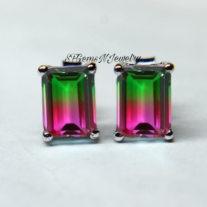 Pendientes de turmalina sandía talla esmeralda, pendientes de plata de ley 925, pendientes de cuarzo doblete de turmalina, pendientes de botón con piedra de color biológico