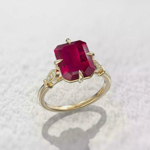 Lab Ruby Ring Emerald Cut Gemstone Ring July Birthstone Ring Unique Ruby Ring Promise Ring for Her