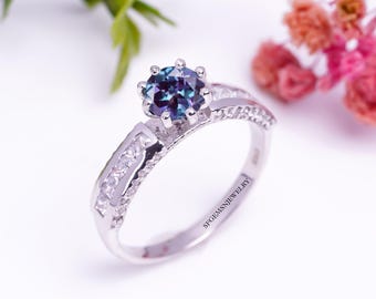 Lab Alexandrite Ring Wedding Ring Round Cut Color Changing Gemstone Ring Sterling Silver Ring June Birthstone Ring