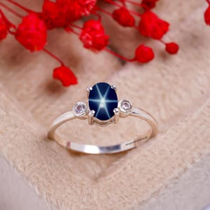 Unique Star Lindy Ring Blue Star Ring 925 Sterling Silver Sapphire Star Ring for Bridal