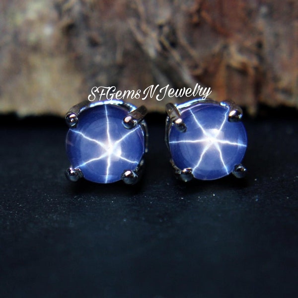 Blue Lindy Star Earrings Infinity Style Round Cabochon Blue Lindy Star Stud Earrings in 925 Sterling Silver
