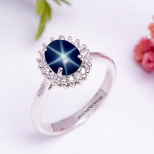Fine Blue Star Sapphire Ring 925 Sterling Silver Blue Star Sapphire Ring Lindy Star Ring Engagement Ring Women Star Ring