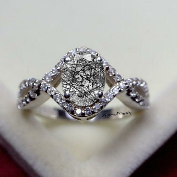 Mooie vintage zwarte rutielkwarts verlovingsring - 925 sterling zilver - ovaal geslepen - zwarte edelsteen ring - cadeau voor vrouw