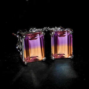 Studs Ametrine Doublet Quartz Earrings, 925 Sterling Silver, Emerald Cut Ametrine Earrings, Studs Ametrine Silver Earrings