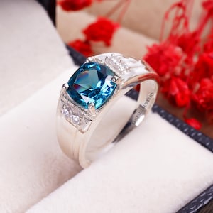 Genuine London Blue Topaz Ring Cushion Cut Solitaire Ring Sterling Silver Engagement Ring for Men&#39;s