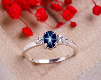 Dainty Star Sapphire Ring Sterling Silver 925 Blue Lindy Star Ring