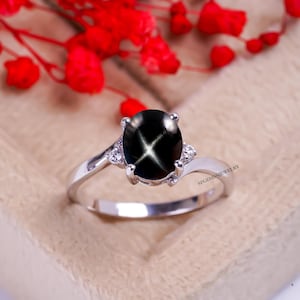 Bague étoile Lindy, saphir étoilé noir, bague en argent sterling 925