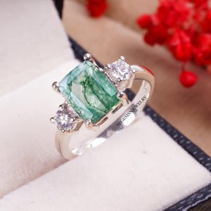 Moss Agate Ring, Emerald Cut Moss Agate Ring, Alternative Engagement Ring, Octagon Moss Agate Ring, Moss Agate Engagement Ring