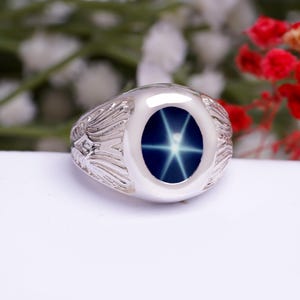 Sapphire Ring for Men&#39;s Genuine Lindy Star Sapphire Ring Sterling Silver 925  Blue Star Ring for Men&#39;s