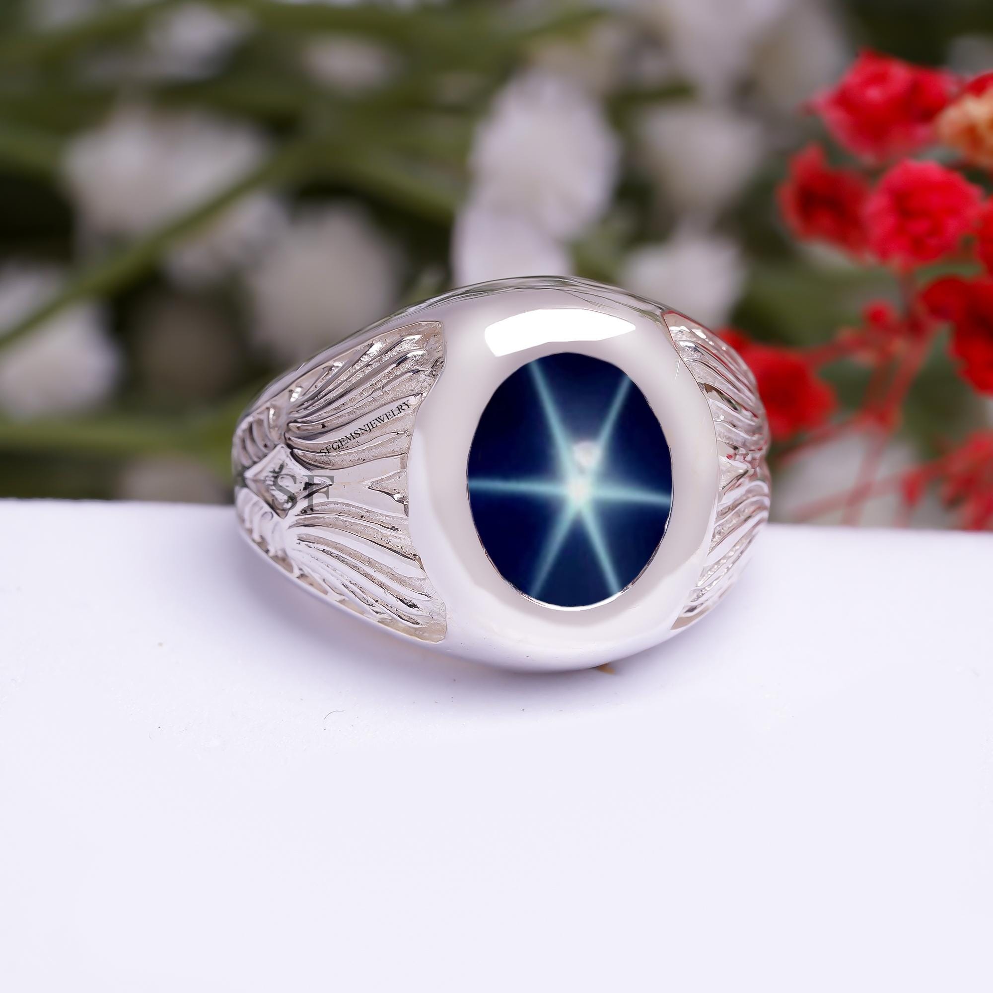 Sapphire Ring for Men s Genuine Lindy Star Sapphire Ring Sterling Silver 925 Blue Star Ring for Men s
