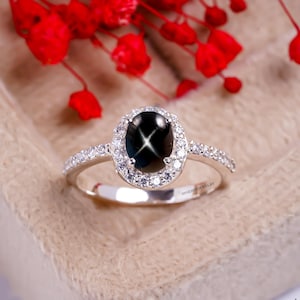 Rare Black Star Sapphire Ring 925 Sterling Silver Lindy Star Ring Black Star Sapphire Ring for Women