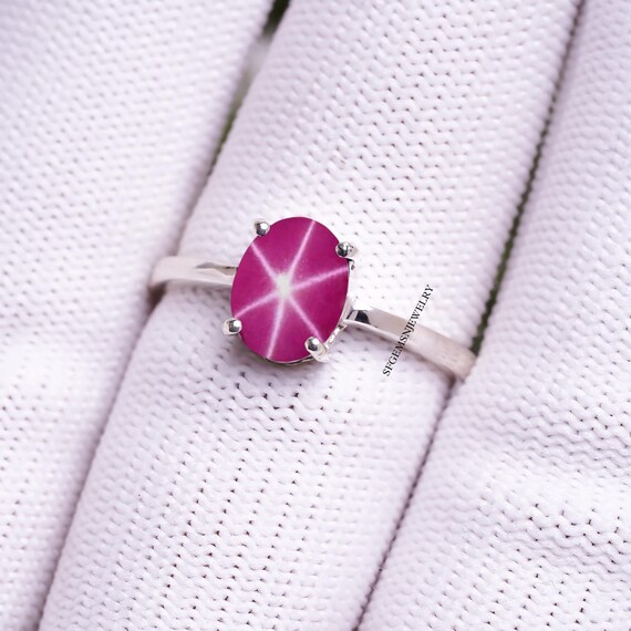 Bague étoile Argent 925 Avec Rubis Rose Naturel - Style Art Déco, Lindy - 6 Rayons, Neuf Avec étiquettes