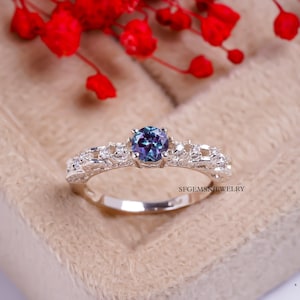 Alexandrite Ring Sterling Silver Ring June Birthstone Ring Round Cut Color Changing Gemstone Ring Color Changing Alexandrite