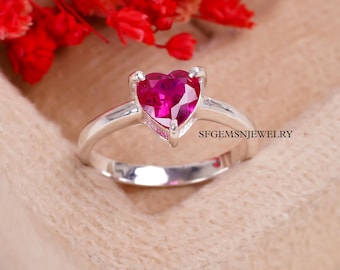 Heart Cut Lab Created Ruby Dainty Ring Serling Silver Minimalist Ring Art Deco Jewelry July Birthstone Anniversary Gift For Women