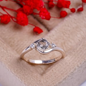 Dainty Vintage Black Rutilated Quartz Engagement Ring - 925 Sterling Silver - Round Cut -Black Gemstone Ring- Gift For Wife