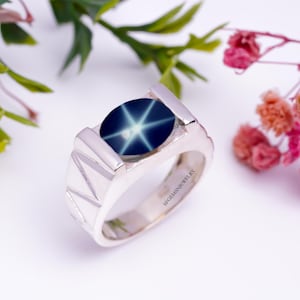 Genuine Lindy Star Sapphire Ring Sterling Silver 925  Blue Star Sapphire Ring for Men&#39;s