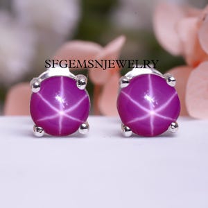 Round Lindy Pink Star Earrings for Bride Pink Star Earrings in 925 Sterling Silver Round Pink Star Sapphire Earrings