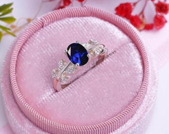 Ring Lab Sapphire Oval Cut Engagement Wedding Ring Solid 925 Sterling Silver Ring Blue Gemstone September Birthstone Ring