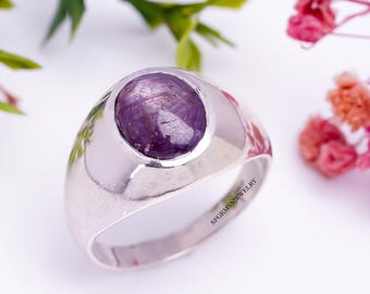 Anillo de rubí estrella para hombre - Anillo de rubí de plata esterlina - Anillo de rubí de compromiso - Anillo de piedra natal de rubí - Anillo de hombre - Anillo de joyería de rubí - Anillo de cabujón de rubí