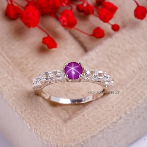 Star Ruby Ring Sterling Silver 925 Pink Star Ruby Ring Silver Lindy Star Ring