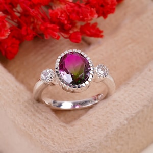 Watermelon Tourmaline Ring , Simulated Tourmaline , Dainty Sterling Silver ring , Silver Stacking Ring , Green Gemstone Ring
