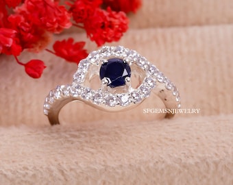 Vintage Blue Sapphire Engagement Ring, Silver Blue Sapphire Ring Round Cut Diamond Ring, Blue Sapphire Jewelry