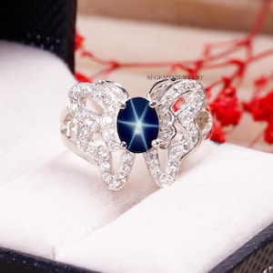 Butterfly Ring Genuine Star Sapphire Ring 925 Sterling Silver Blue Star Sapphire Ring Unique Lindy Star Ring