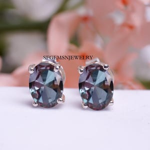 Dainty Alexandrite Earrings, Stud Earrings, Oval Cut, Sterling Silver Earrings, Colors Changing Gemstone Earrings, June Birthstone Earrings