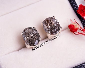 Vintage Black Rutilated Quartz Earrings, Black Rutile Stud Earrings, Tourmalinated Quartz Earrings for Women