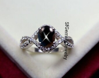 Elegant Black Star Sapphire in 925 Sterling Silver Ring Black Lindy Star For Women