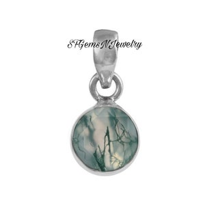Dainty Green Moss Agate Necklace Sterling Silver / 925 Silver Moss Agate Round Pendant for Women&#39;s