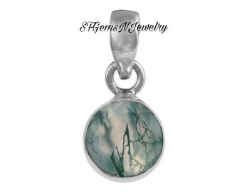 Dainty Green Moss Agate Necklace Sterling Silver / 925 Silver Moss Agate Round Pendant for Women's