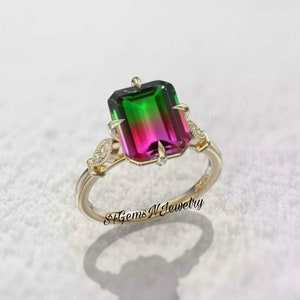 Bague en tourmaline pastèque plaquée or 14 carats, bague en quartz doublet tourmaline, bague en pierre de couleur bio tourmaline pastèque émeraude