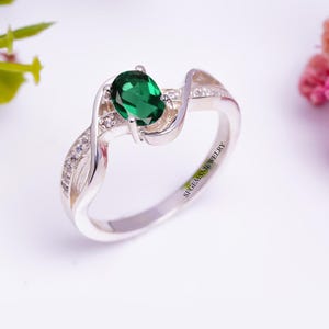 Green Emerald Anniversary Ring, Sterling Silver, Lab Emerald Ring, Oval Cut Green Stone, May Birthstone