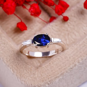Lab Sapphire Ring Oval Cut Engagement Wedding Ring Solid 925 Sterling Silver Ring Blue Gemstone September Birthstone Ring