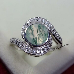 2ct Round Cut Moss Agate Engagement Rings Round Ring Art Deco Bridal Ring 8.mm Agate Promise Ring Vintage Green Rings For Women