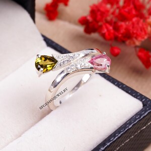 Pear Tourmaline Ring, Dainty Natural Tourmaline Ring, Green Gemstone Ring, Sterling Silver Ring, Pink Tourmaline Ring