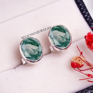 Oval Moss Agate Sterling Silver Earrings, Moss Agate Gemstone Earrings, Birthstone Earrings, Studs Agate Earrings