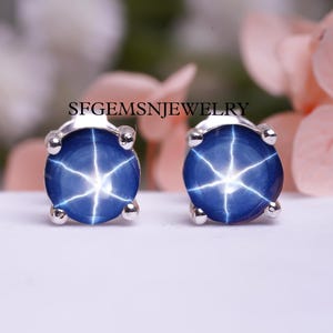 Blue Lindy Star Earrings Infinity Style Round Cabochon Blue Lindy Star Stud Earrings in 925 Sterling Silver